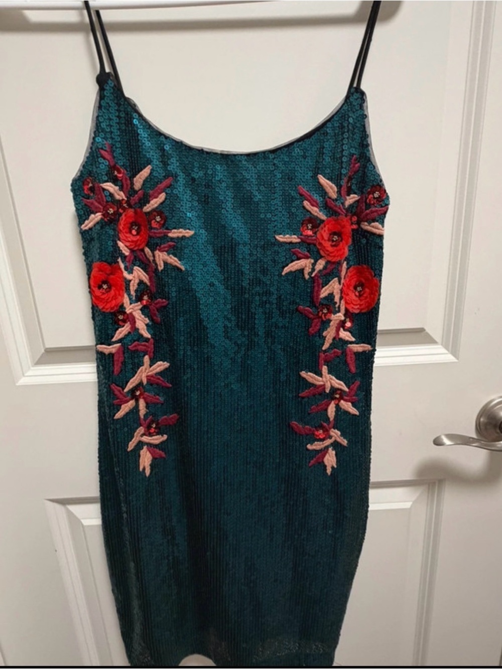 Guess Teal Sequin Slip Dress with Red Floral Accents
